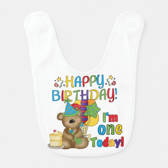 Happy Birthday Teddy Bear 1st Birthday Bib (Front)