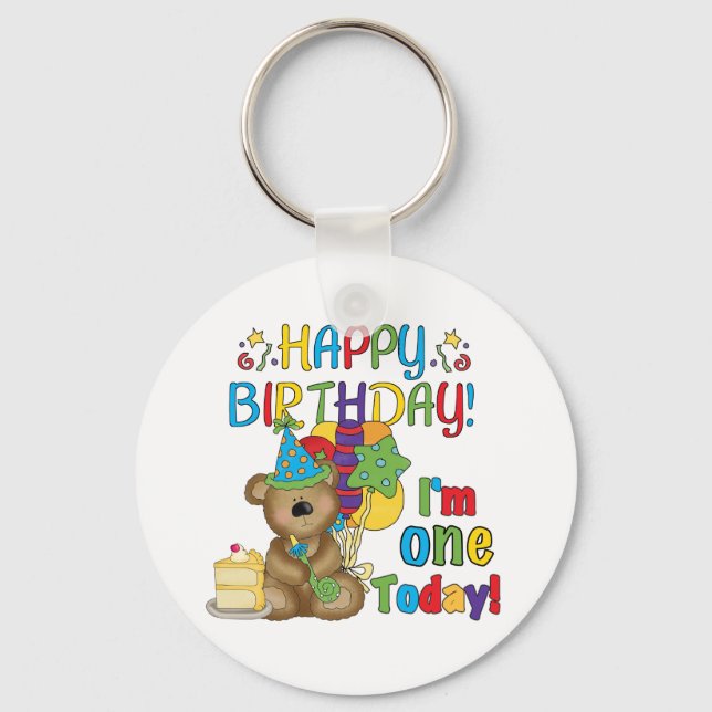 Happy Birthday Teddy Bear 1st T-shirts and Gifts Keychain (Front)