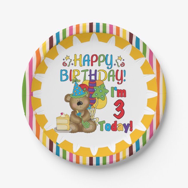 Happy Birthday Teddy Bear 3rd Birthday Paper Plate (Front)