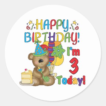 Happy Birthday Teddy Bear 3rd Tshirts And Gifts Classic Round Sticker by kids_birthdays at Zazzle