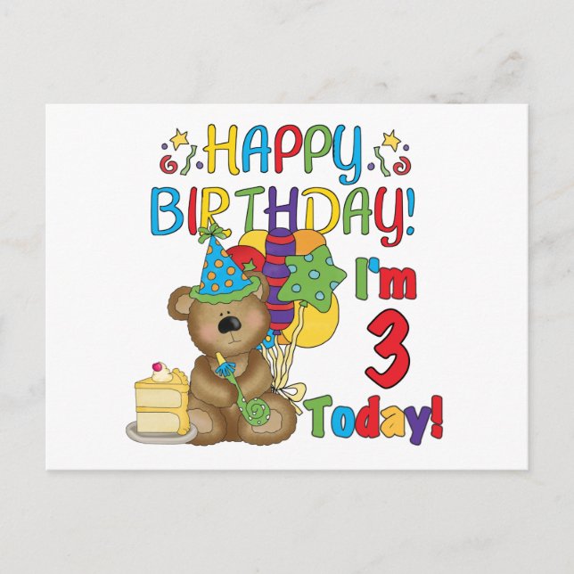 Happy Birthday Teddy Bear 3rd Tshirts and Gifts Postcard (Front)