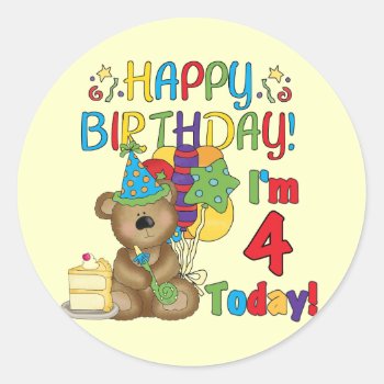 Happy Birthday Teddy Bear 4th T-shirts And Gifts Classic Round Sticker by kids_birthdays at Zazzle