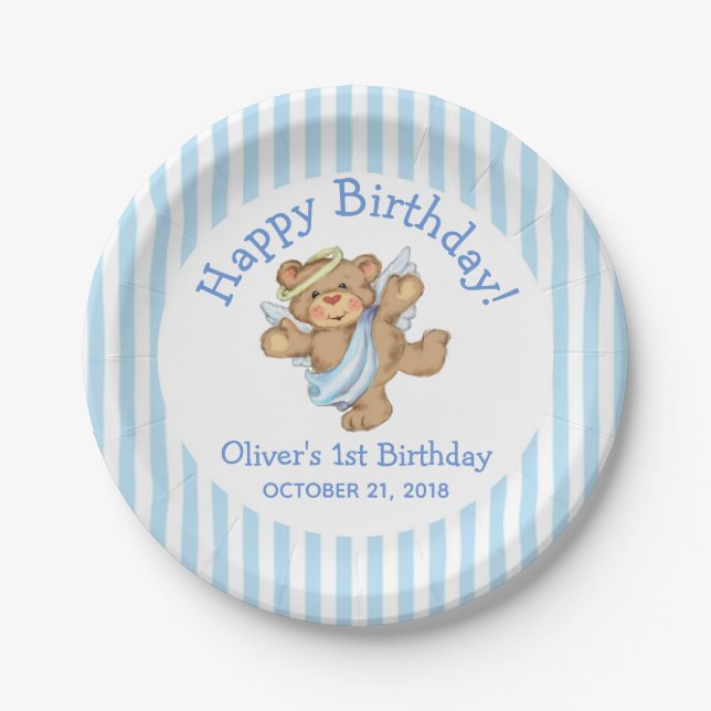 Happy Birthday Teddy Bear Angel Paper Plates (Front)