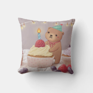 Happy Birthday: Teddy Bear & Cupcakes Throw Pillow