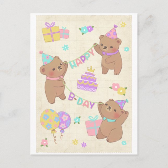 Happy Birthday Teddy Bears Illustration Postcard (Front)