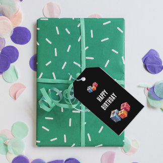 Happy Birthday text and gift boxes images black Gift Tags