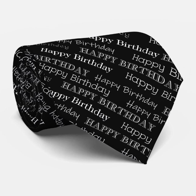 Happy Birthday Text Covered Black and White Neck Tie (Rolled)