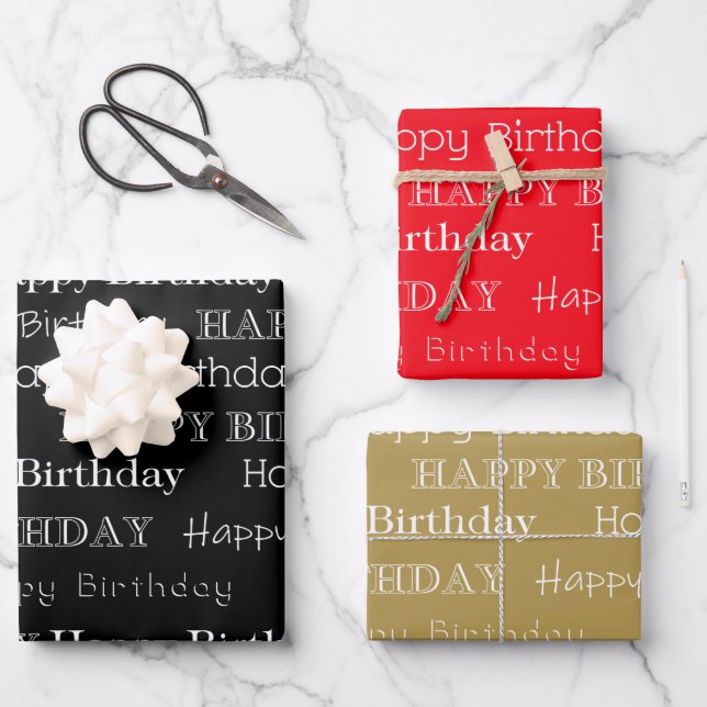 Happy Birthday Text Covered Black Red Gold Wrapping Paper Sheets (Front)