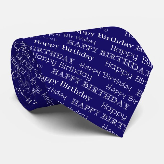 Happy Birthday Text Covered Navy Blue and White Neck Tie (Rolled)