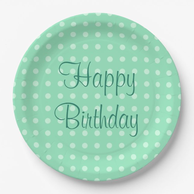 Happy Birthday Text Dots Rustic Polka Mint Green Paper Plates (Front)
