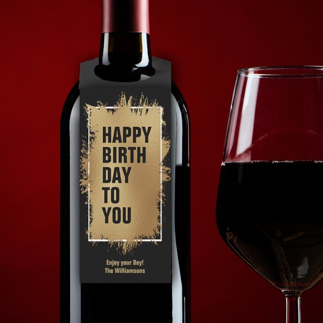 HAPPY BIRTHDAY Text Gold Foil on Black Bottle Hanger Tag (Creator Uploaded)