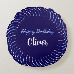 Happy birthday text with blue hearts circle round pillow