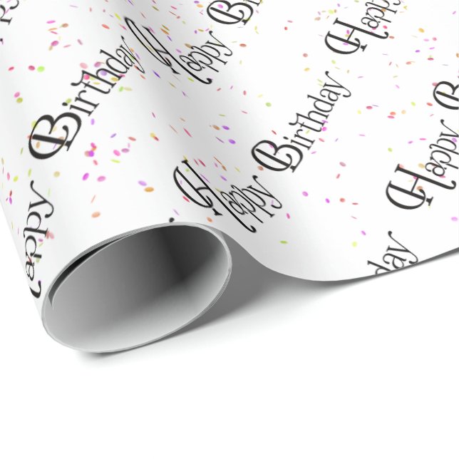 Happy Birthday text with confetti on white Wrapping Paper (Roll Corner)