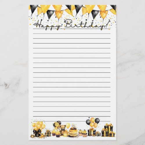 Happy Birthday Theme Teddy Bear Lined Stationery