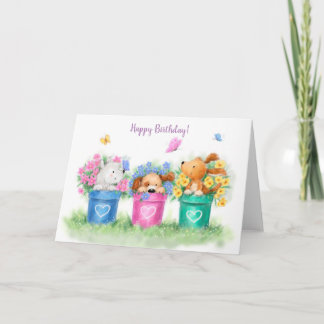 Happy Birthday, Three Dogs in Three Flower Pots Card