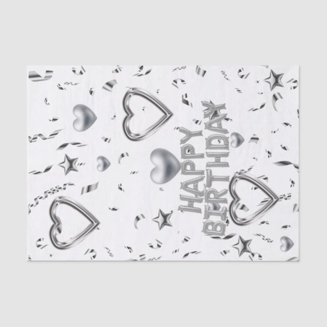 Happy Birthday Tissue Paper Silver Hearts (Front)