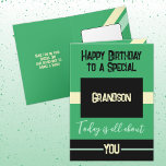 Happy Birthday to a special grandson green black Card<br><div class="desc">Happy Birthday to a special grandson. Today is all about you.
Personalise this card for your grandson using the space inside to add your message.
Designed with the colors green,  black and yellow.</div>