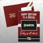 Happy Birthday to a special grandson maroon black Card<br><div class="desc">Happy Birthday to a special grandson. Today is all about you.
Personalise this card for your grandson using the space inside to add your message.
Designed with the colors maroon,  black and yellow.</div>