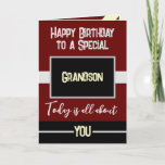 Happy Birthday to a special grandson maroon black Card<br><div class="desc">Happy Birthday to a special grandson. Today is all about you.
Personalise this card for your grandson using the space inside to add your message.
Designed with the colors maroon,  black and yellow.</div>