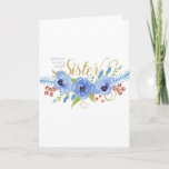 Happy Birthday to a very special Sister flowers Card<br><div class="desc">This simple birthday card has blue watercolor flowers with leaves and berries and "With love to a very special Sister" on the front. The word "Sister" is in a beautiful, swirly font with a faux glitter effect. Note: glitter effect is digitally created. Designed by Simply Put by Robin using elements...</div>