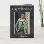 Happy birthday to my husband photo card<br><div class="desc">Wish your husband a happy birthday with this one of a kind greeting card. The front features a grayish black background with "Happy birthday" written in gray font with his photo centered. You can easily upload your favorite image and adjust the border. The bottom displays his name with a warm...</div>