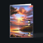 Happy Birthday to My Husband | Pretty Lighthouse Card<br><div class="desc">A pretty sunset,  calm ocean and a red and white lighthouse Birthday card for a husband.</div>