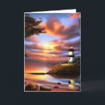 Happy Birthday to My Husband | Pretty Lighthouse Card<br><div class="desc">A pretty sunset,  calm ocean and a red and white lighthouse Birthday card for a husband.</div>
