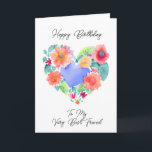 Happy Birthday to my Very Best Friend Card<br><div class="desc">A pretty floral heart in pink,  coral and blue watercolor ai art. Personalized Birthday card for a best friend.</div>