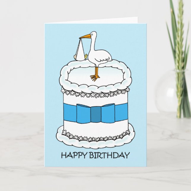 Happy Birthday to New Parent Stork and Cake Card (Front)