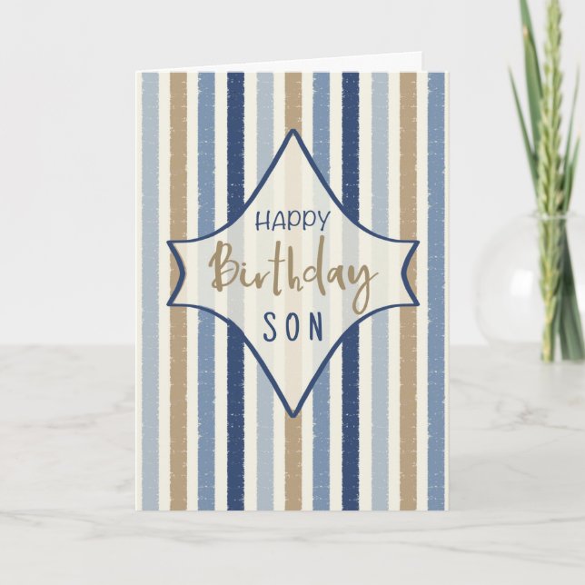 Happy Birthday to Son Distressed Blue Stripes  Card (Front)