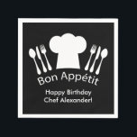 Happy Birthday to the Chef!  Bon Appetit Napkins<br><div class="desc">French Chef's hat or "toque, " silverware and the words "Bon Appeitit."  In the customization options you can choose your own background color or add text to this fun design for cooks and food lovers.  Perfect for Cooking School Graduation Parties,  chef's birthdays.</div>