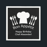 Happy Birthday to the Chef!  Bon Appetit Napkins<br><div class="desc">French Chef's hat or "toque, " silverware and the words "Bon Appeitit."  In the customization options you can choose your own background color or add text to this fun design for cooks and food lovers.  Perfect for Cooking School Graduation Parties,  chef's birthdays.</div>