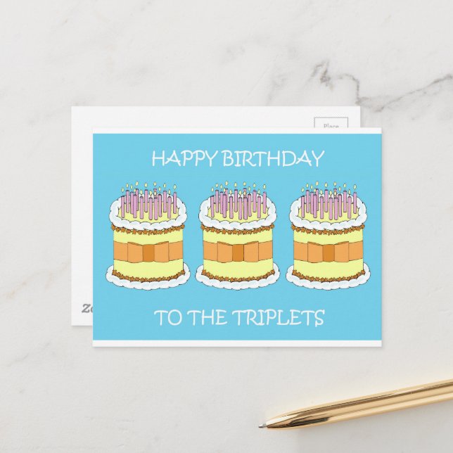 Happy Birthday to the Triplets, Cake and Candles Postcard | Zazzle