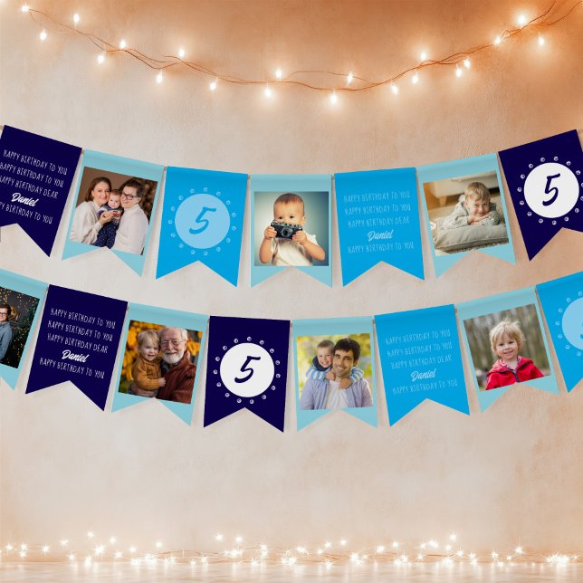 Happy Birthday to You Any Age Photo Blue White Bunting Flags (Happy Birthday Blue Bunting with Photos by Darling & May)