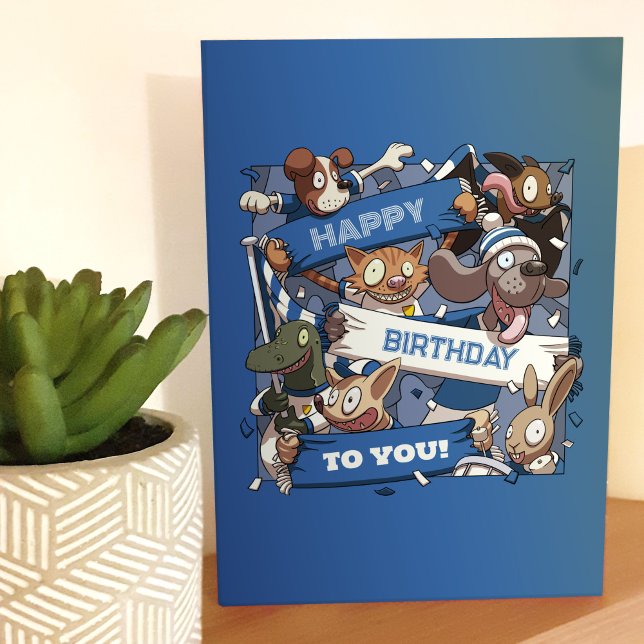 Happy Birthday To You Party Animals Blue & White Card (Creator Uploaded)