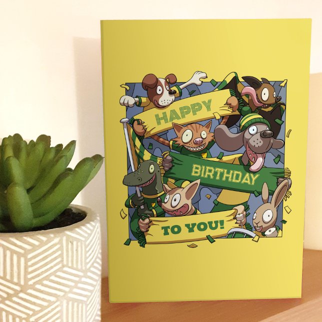 Happy Birthday To You Party Animals Yellow & Green Card (Creator Uploaded)