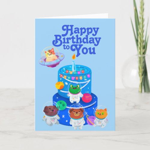 Happy Birthday To You Space Cake Theme Holiday Card