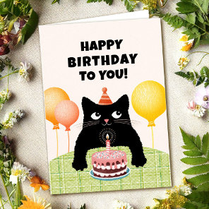 Happy Birthday to you with black kitten and cake Card