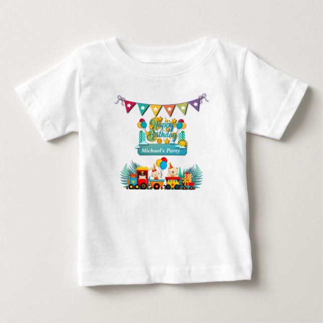 Happy Birthday Train With Cute Animals Wishes Baby T-Shirt (Front)