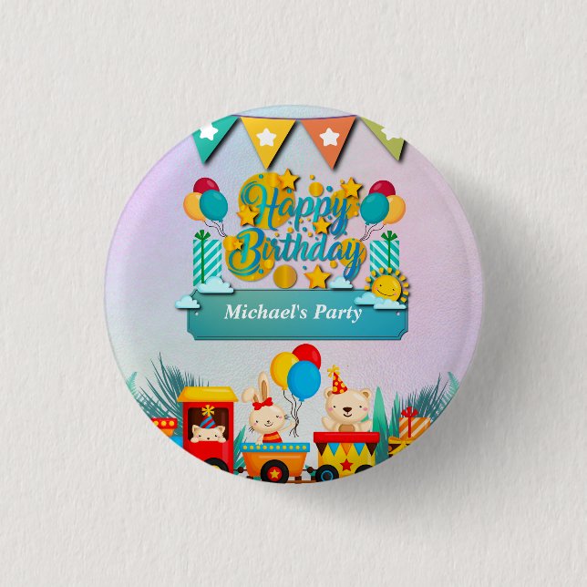 Happy Birthday Train With Cute Animals Wishes Button (Front)