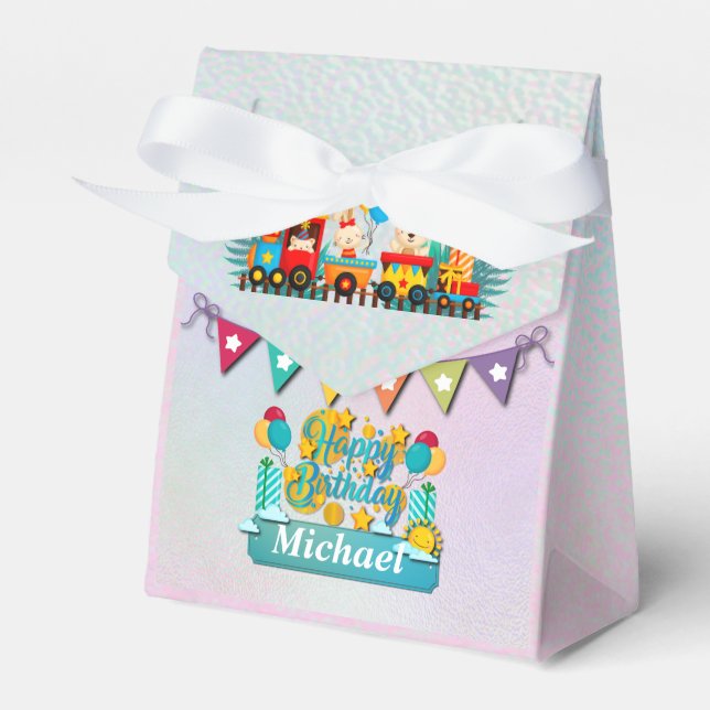 Happy Birthday Train With Cute Animals Wishes Favor Boxes (Front Side)