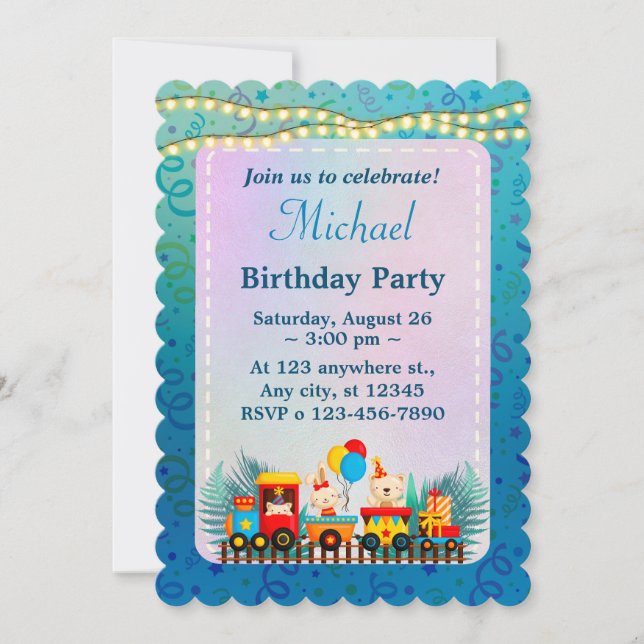 Happy Birthday Train With Cute Animals Wishes Invitation (Front)