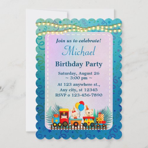 Happy Birthday Train With Cute Animals Wishes Invitation