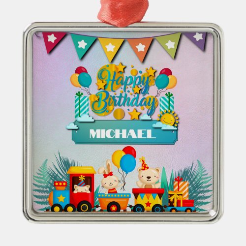 Happy Birthday Train With Cute Animals Wishes Metal Ornament