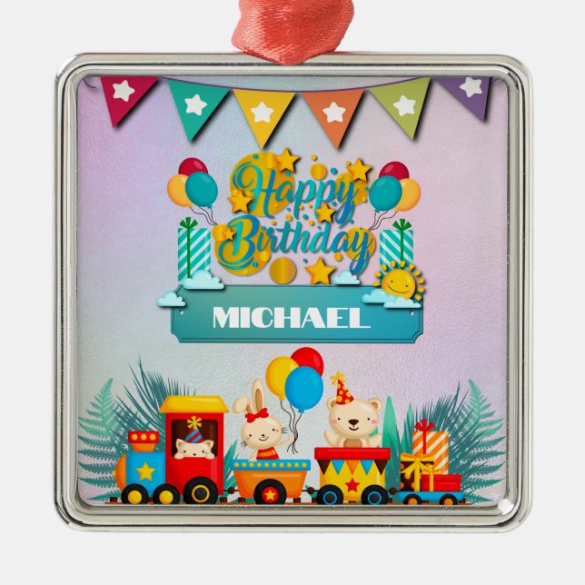 Happy Birthday Train With Cute Animals Wishes Metal Ornament (Front)