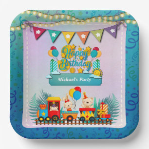 Happy Birthday Train With Cute Animals Wishes Paper Plates