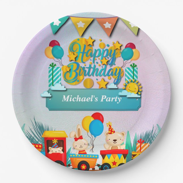 Happy Birthday Train With Cute Animals Wishes Paper Plates (Front)