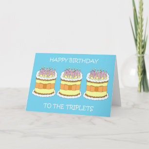 Happy Birthday Triplets Cartoon Cake and Candles Card