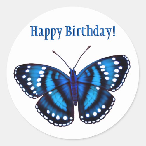 Happy Birthday Tropical Blue Butterfly Classic Round Sticker
