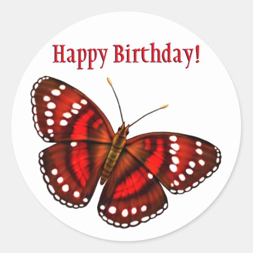 Happy Birthday Tropical Cherry Red Butterfly Classic Round Sticker